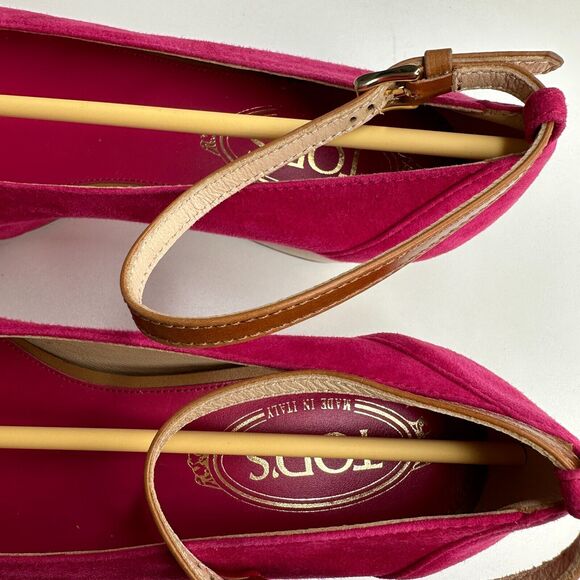 Tod's Deep Pink Suede Ankle Strap Ballerina Style Round Toe Wedge Shoes 38 / 8 - Picture 11 of 13